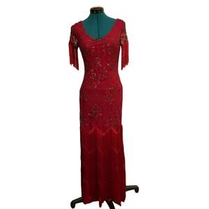 Babeyond Burgundy Beaded Flapper Dress XS 1920s Art Deco Fringe Formal Gown